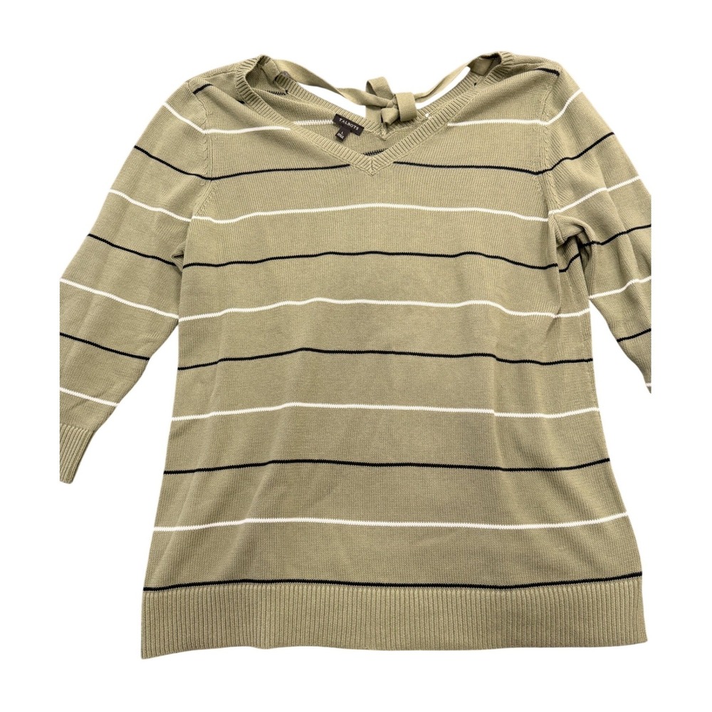 Talbots Striped V-Neck Sweater Womens Large Green 3/4 Sleeve Back Tie Knit Top - Picture 2 of 6